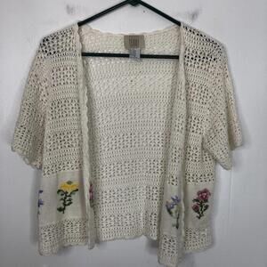 Teddi Sweater Womens M Crochet Cardigan Floral Granny Stitch Cottagecore Ramie